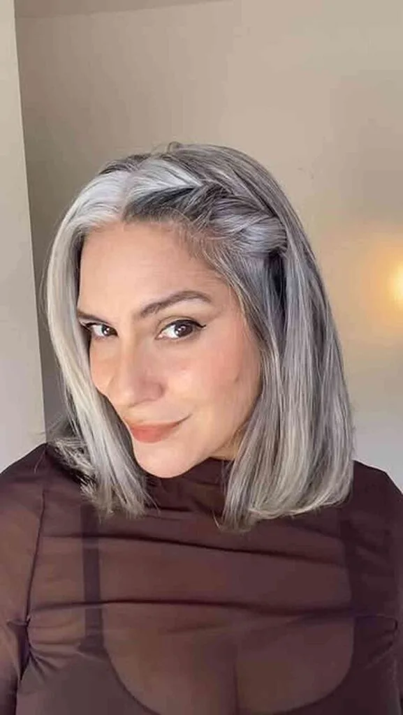 Stylish Silver Long Bob with Subtle Braids