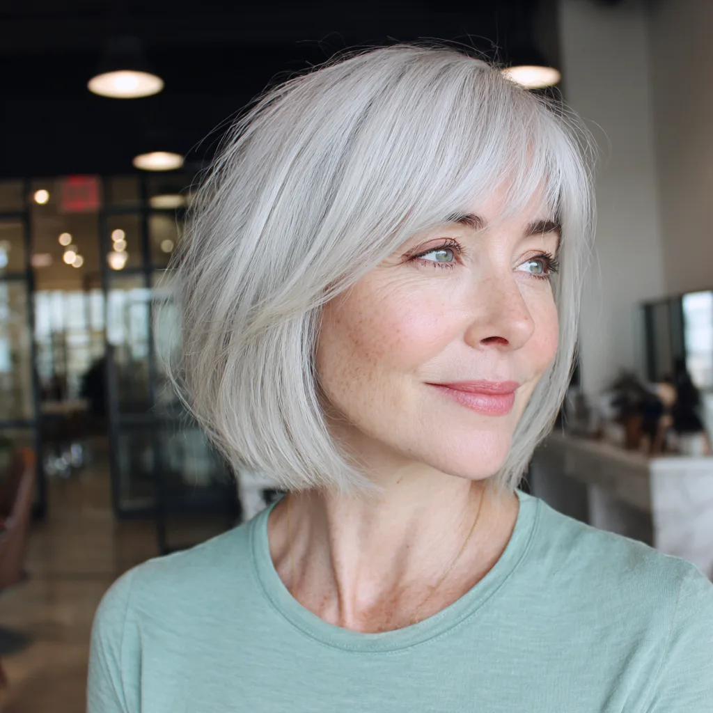 Stylish Textured Silver Bob with Soft Bangs