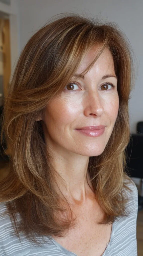 Subtle Chestnut Layers with Swooping Side Bangs