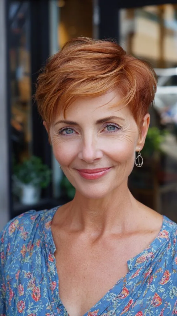 Sunlit Copper Long Pixie with Feathered Crown and Micro Fringe