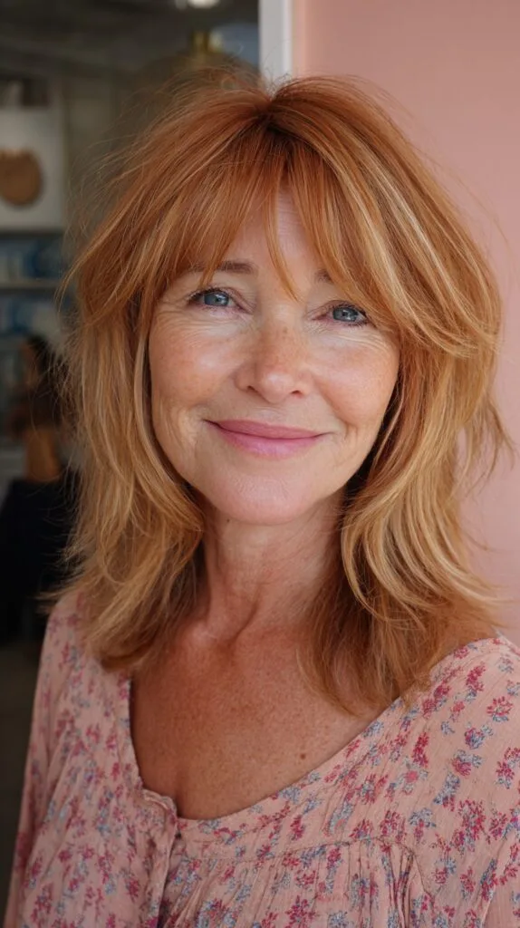 Sunlit Copper Shoulder Shag with Root Shadow and Face-Framing Layers