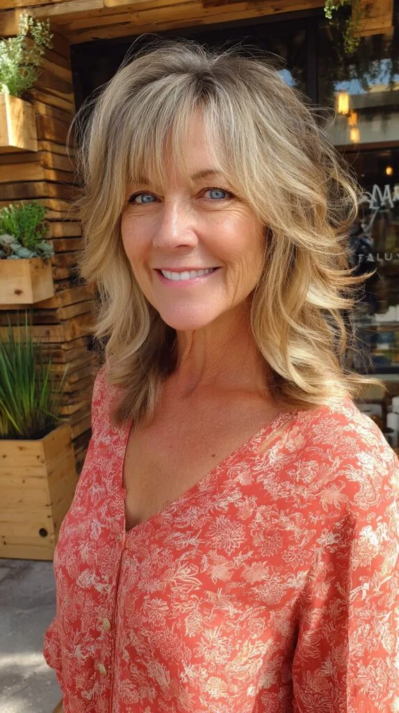 Sunlit Shoulder-Length Shag with Soft Curtain Fringe and Gray Blend