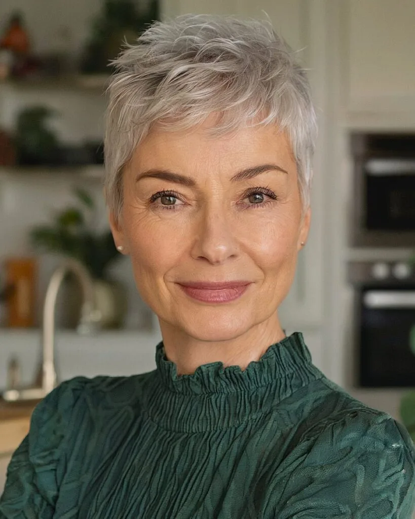 Super short shag pixie cut for older women with icy silver tone and wispy textured layers