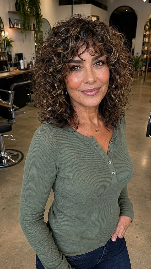 Tawny Highlighted Curly Shag with Curtain Fringe
