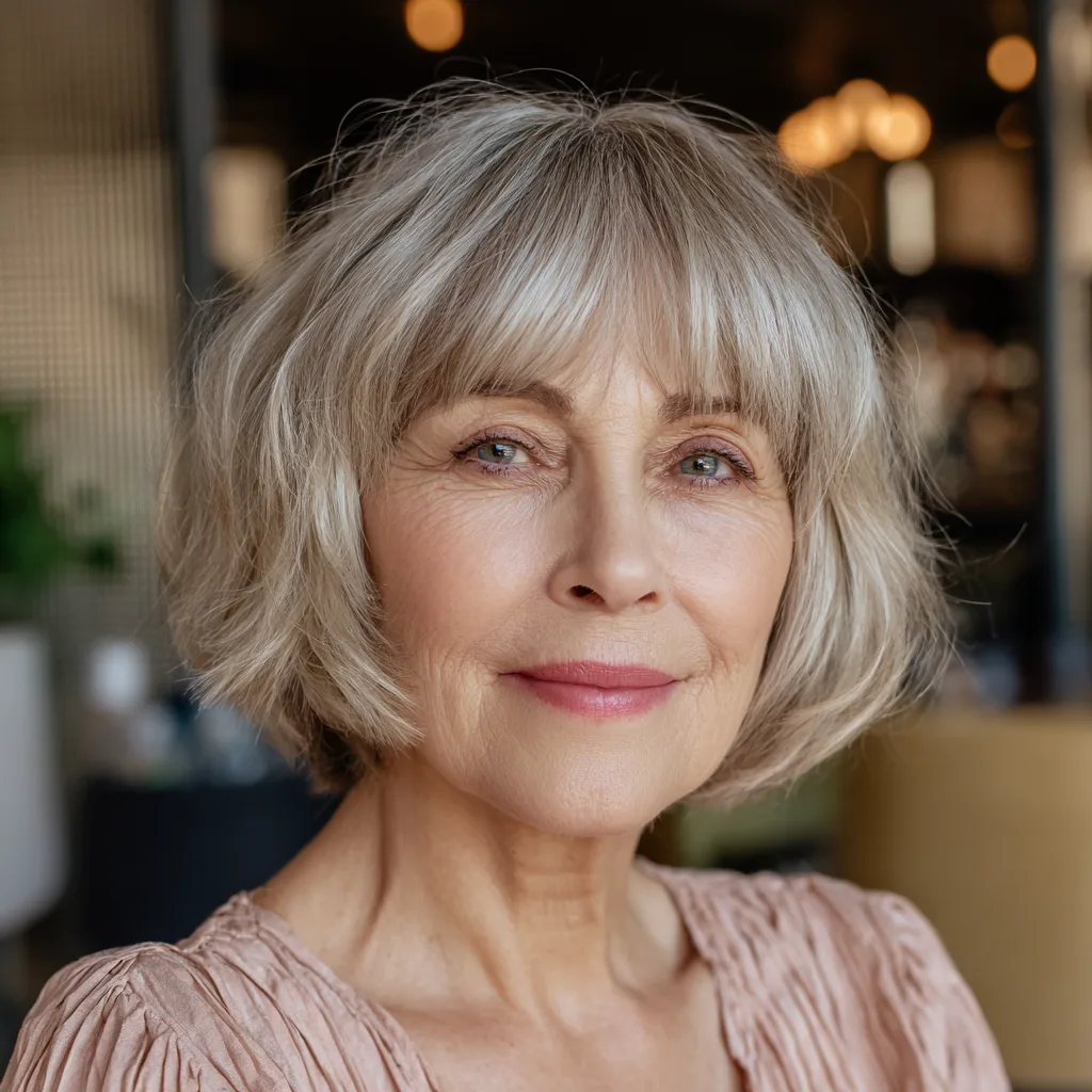Textured Ash Blonde Bob with Soft Bangs