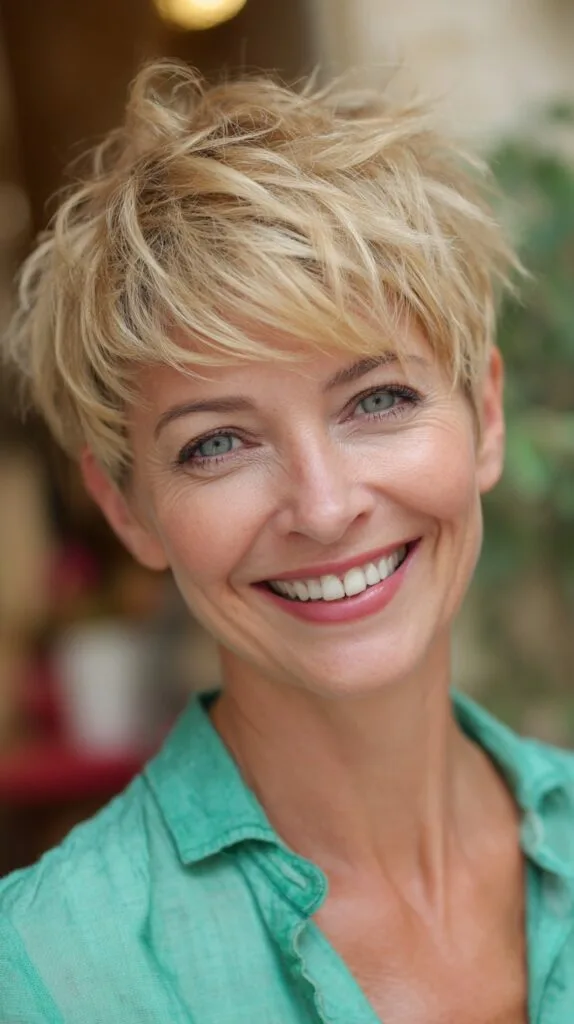 Textured Blonde Long Pixie with Feathered Top and Root Shadow