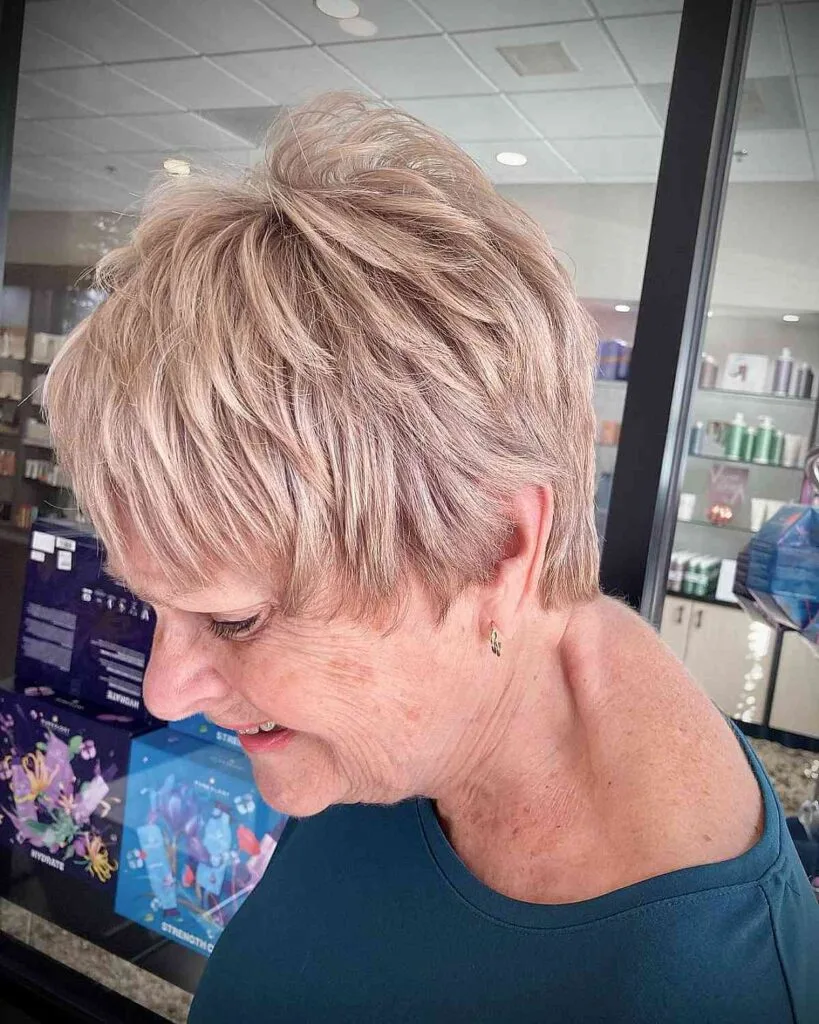 Textured Blonde Pixie Cut for Older Women with Fine Hair