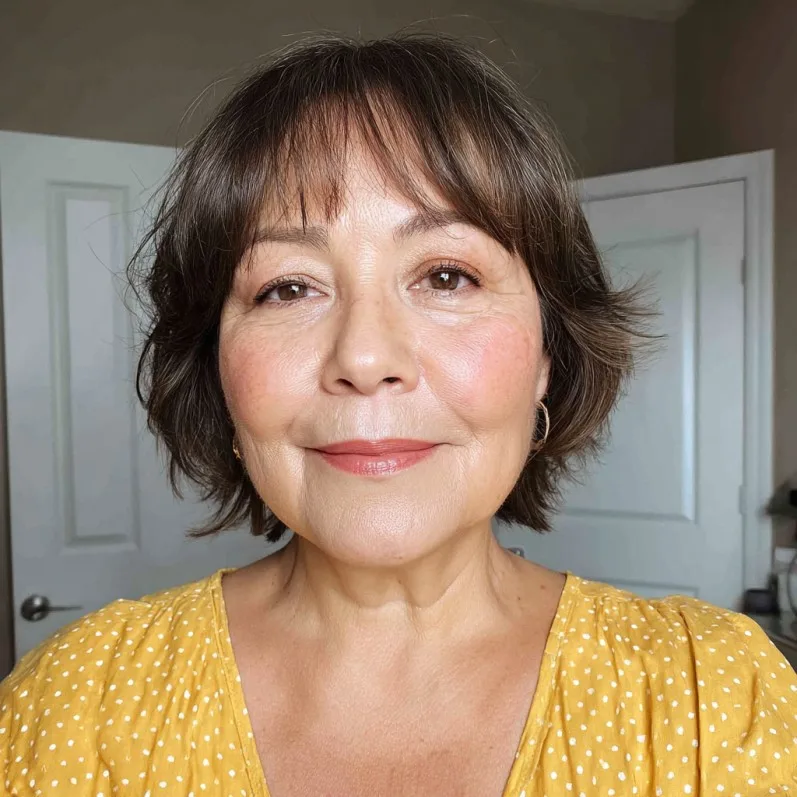 Textured Bob with Soft Fringe for Round Faces