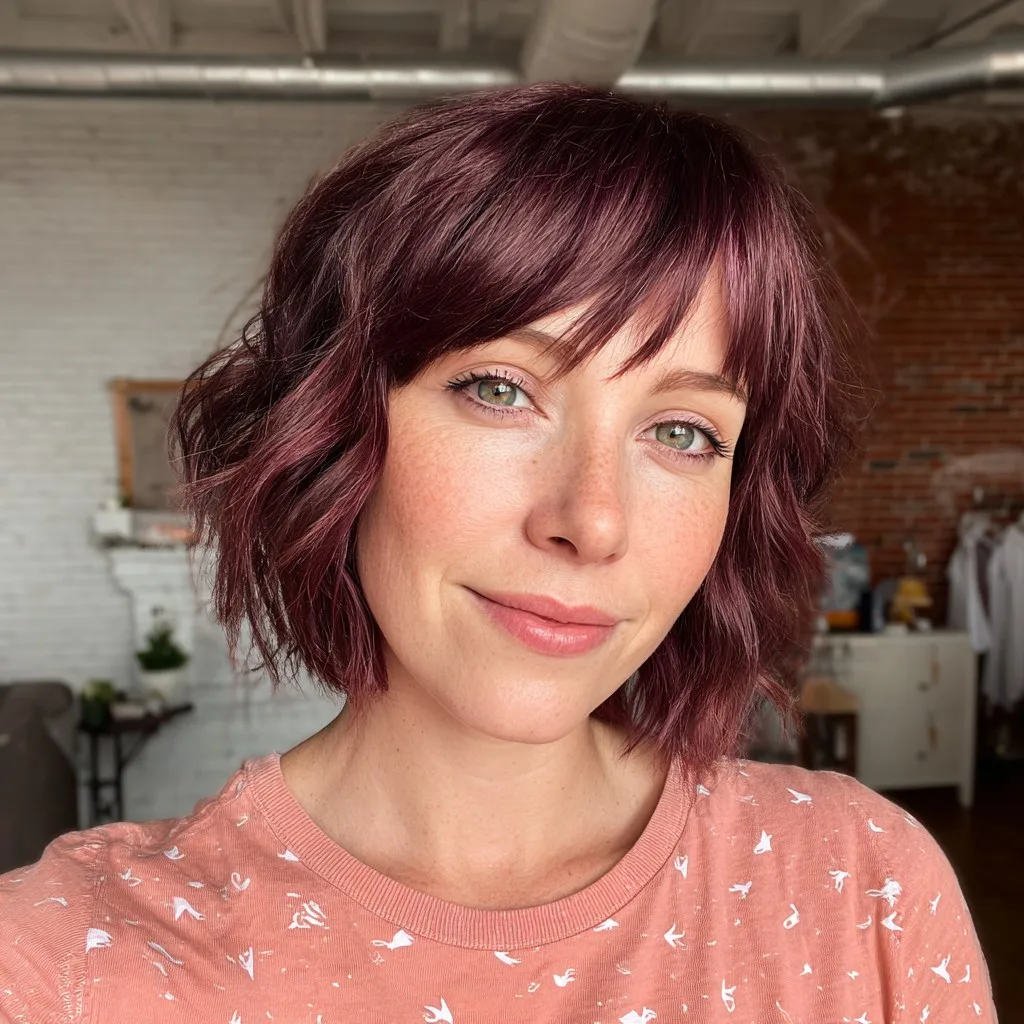 Textured Burgundy Bob with Wispy Bangs