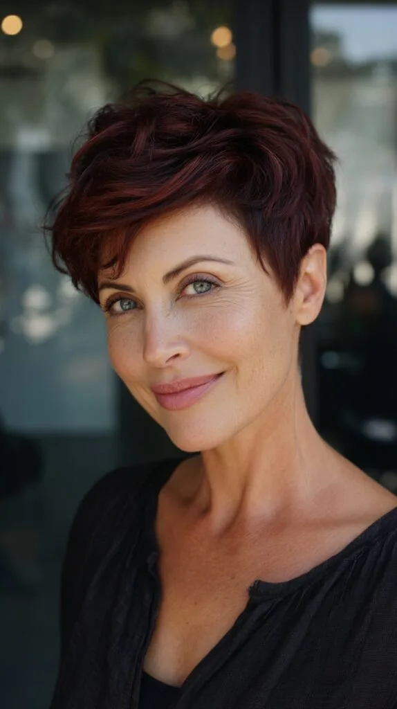 Textured Cherry Mocha Pixie with Feathered Fringe