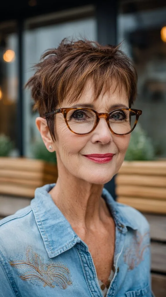 Textured Chestnut Pixie with Wispy Fringe and Tortoiseshell Glasses