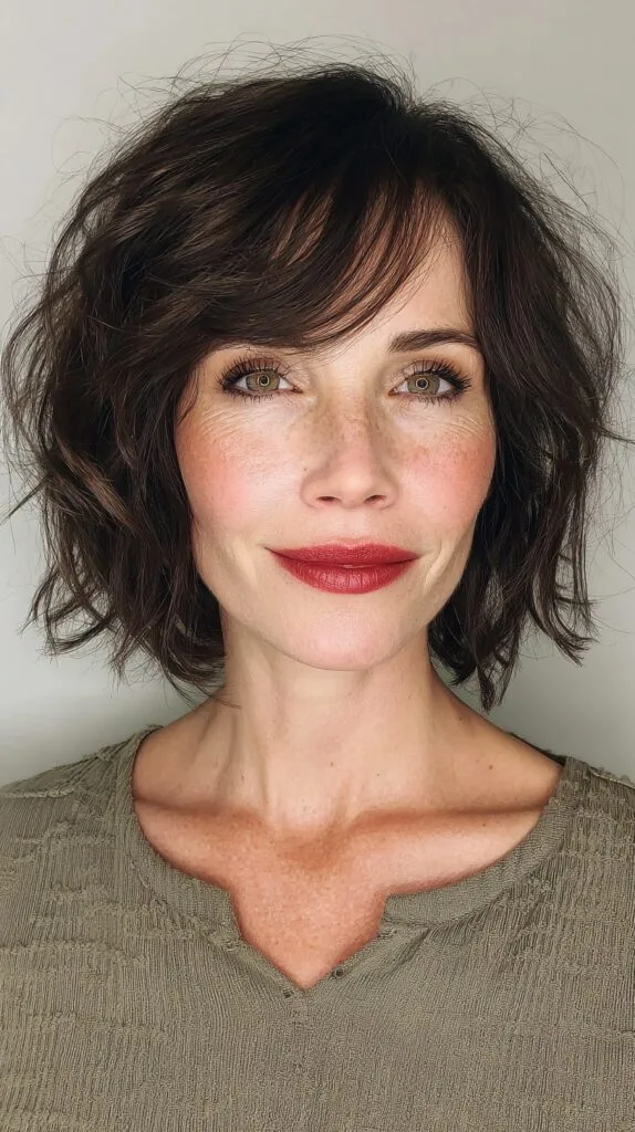 Textured Chocolate Bob with Side Swept Bangs