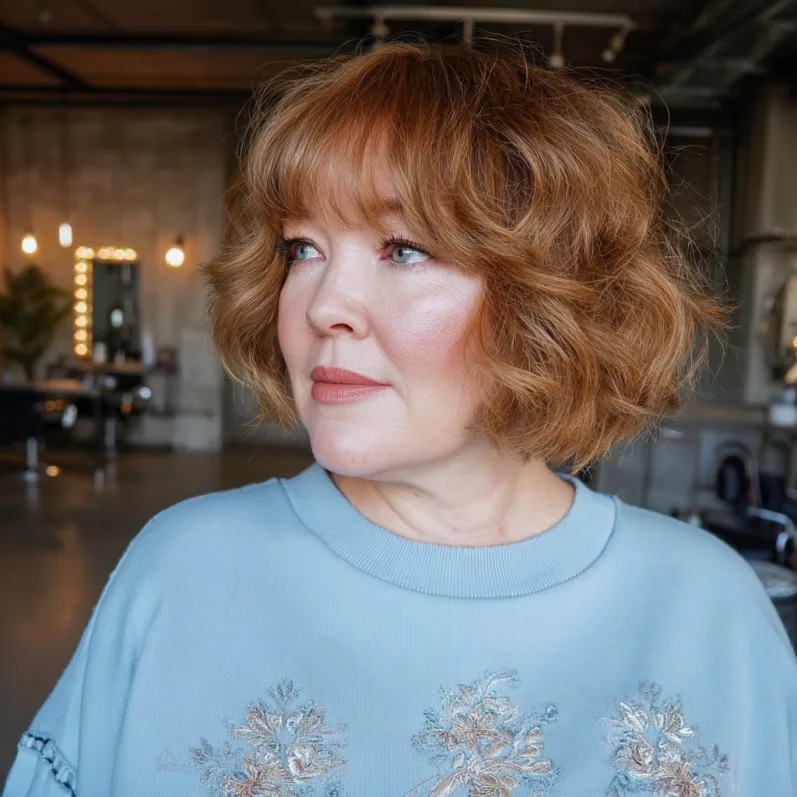 Textured Copper Curly Bob with Face-Framing Layers