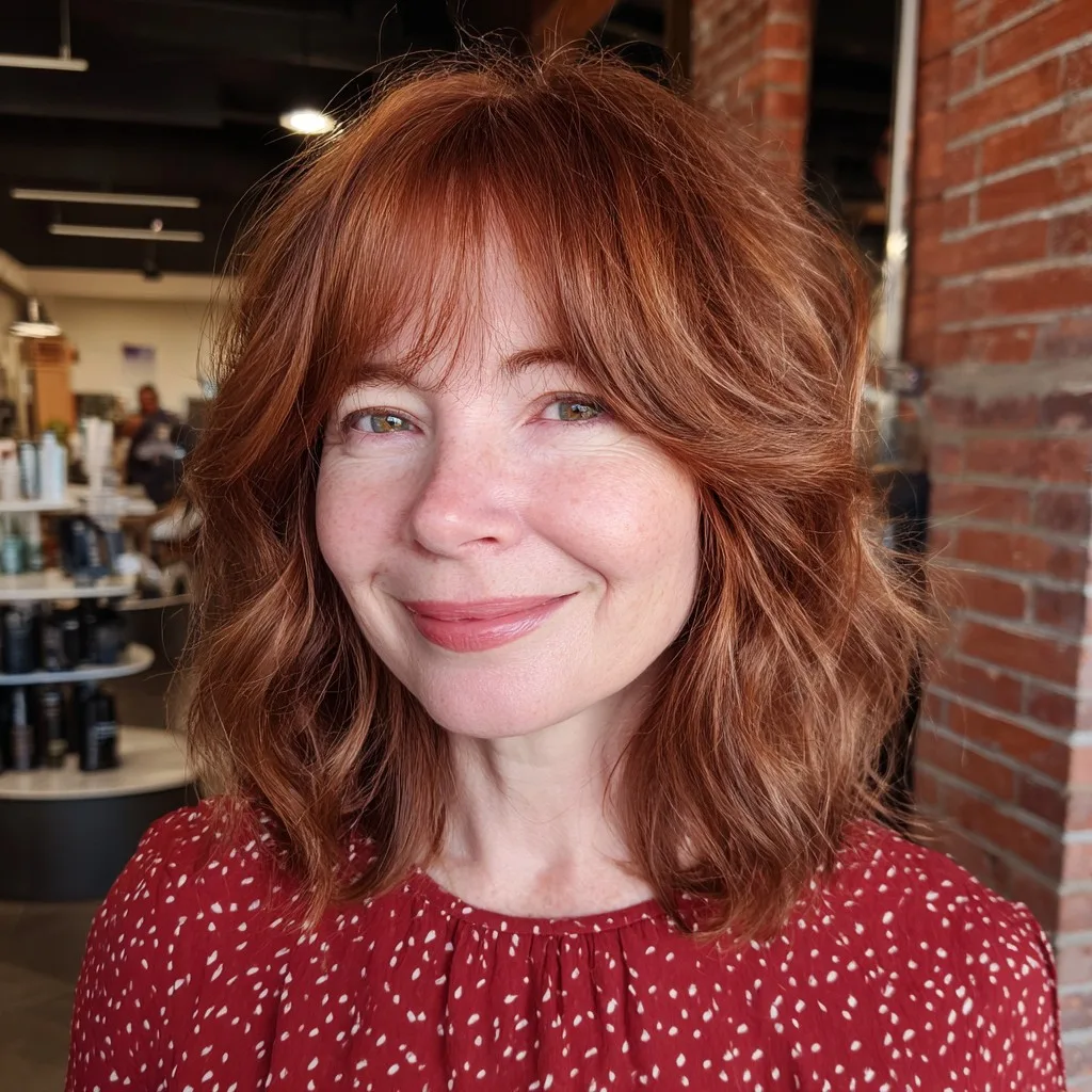 Textured Copper Waves with Soft Bangs