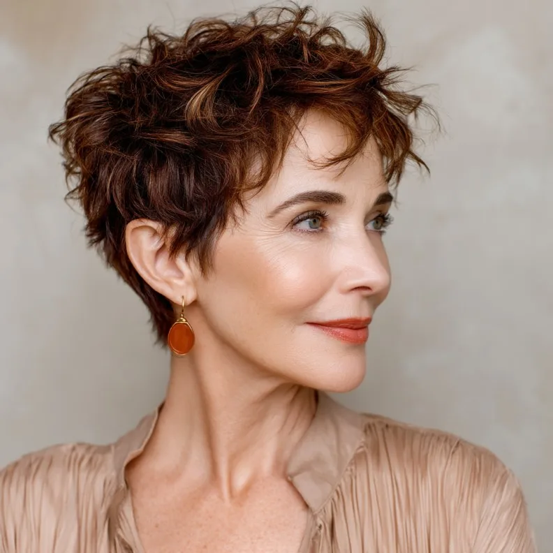 Textured Curly Pixie Cut with Subtle Highlights