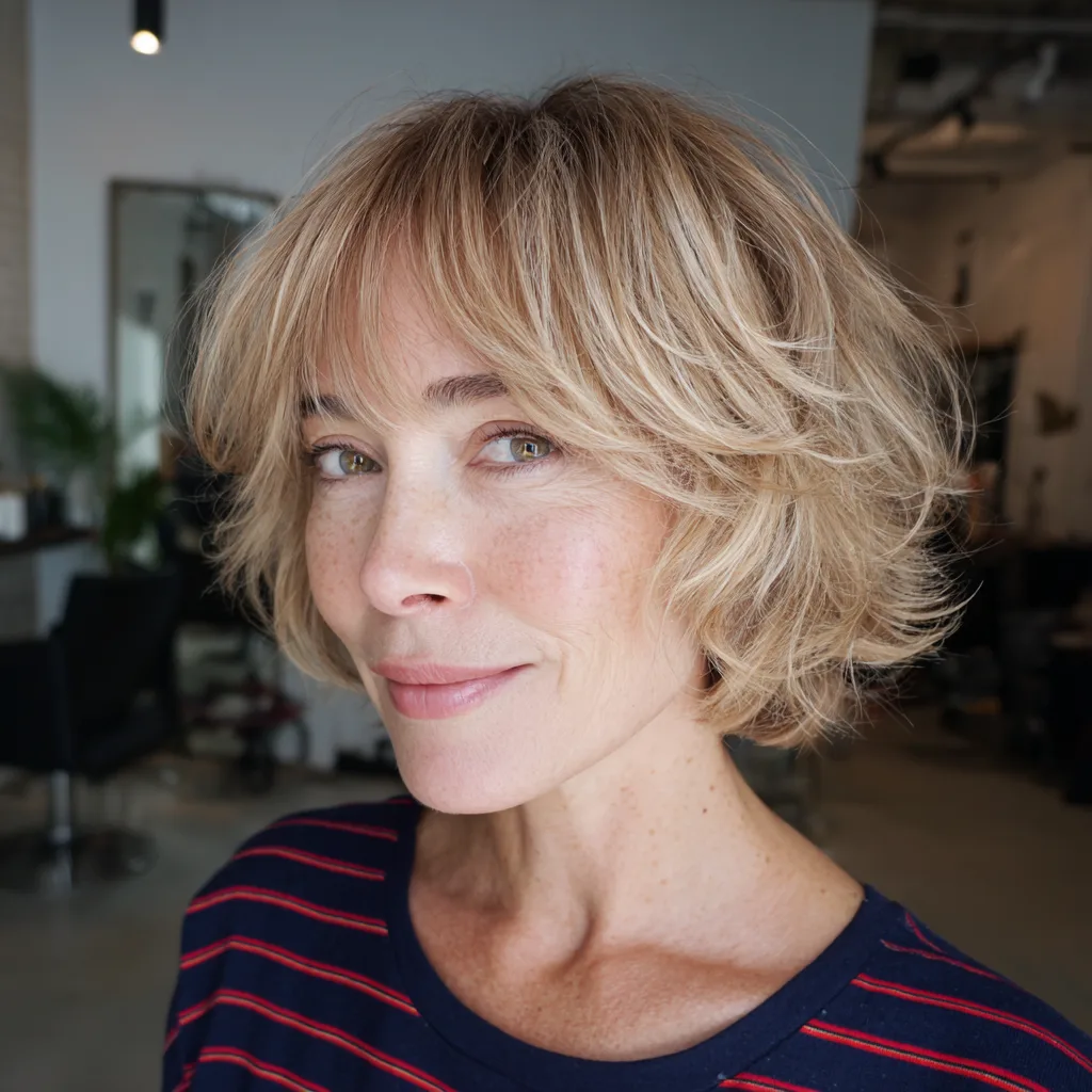 Textured Golden Bob with Soft Feathered Bangs