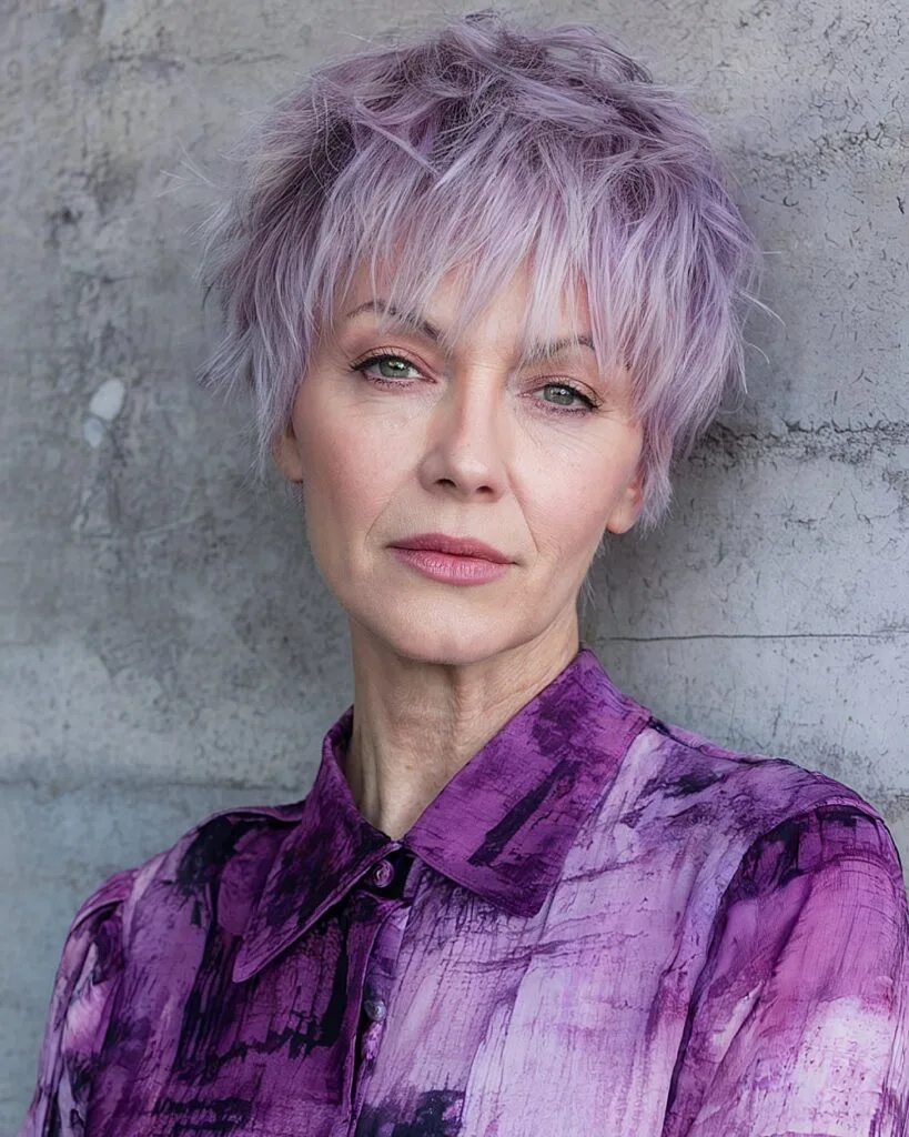 Textured gray pixie with purple highlights and fringe for women over 50