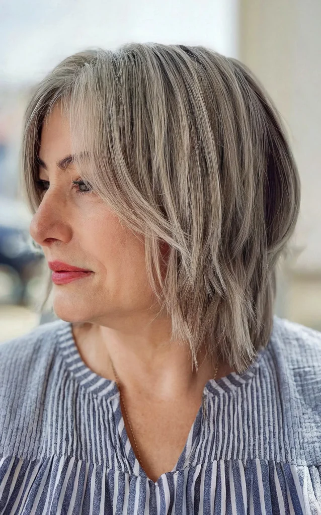 Textured layered bob with soft bangs for women over fifty
