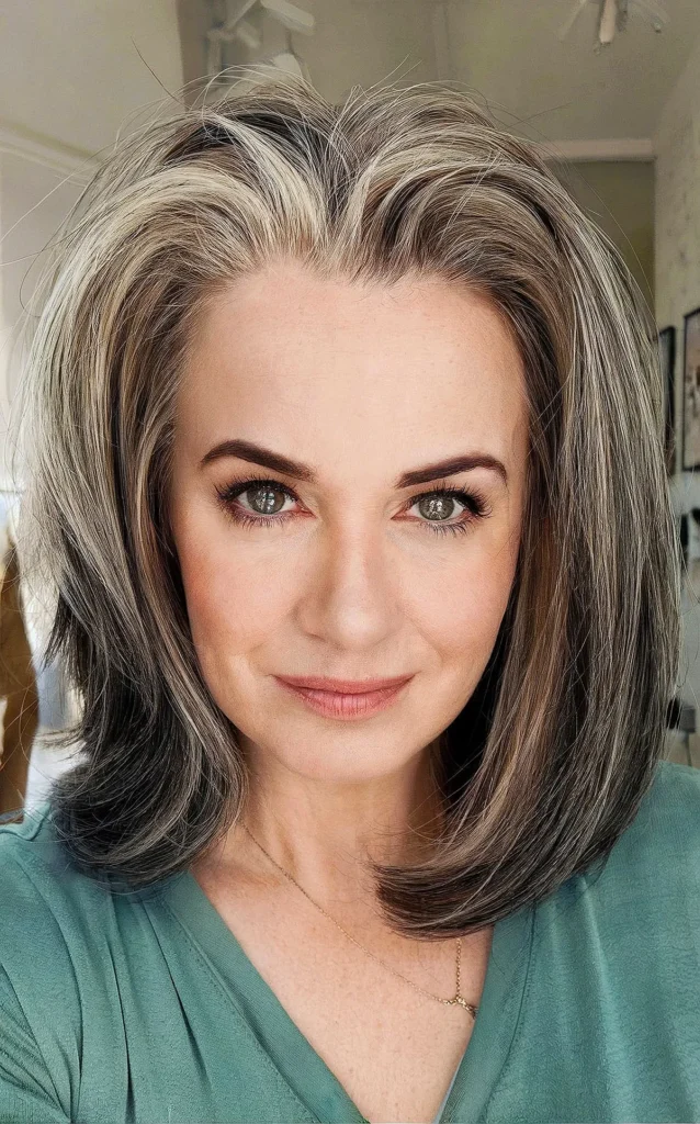 Textured long bob cut for women with salt and pepper tresses