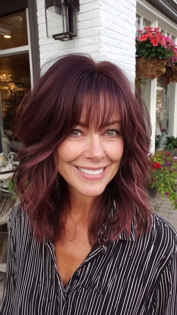 Textured Medium Shag with Feathered Curtain Fringe and Plum Balayage