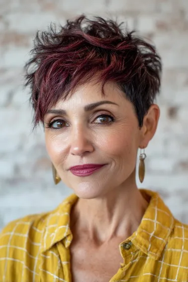 Textured Pixie Cut with Bold Burgundy Highlights