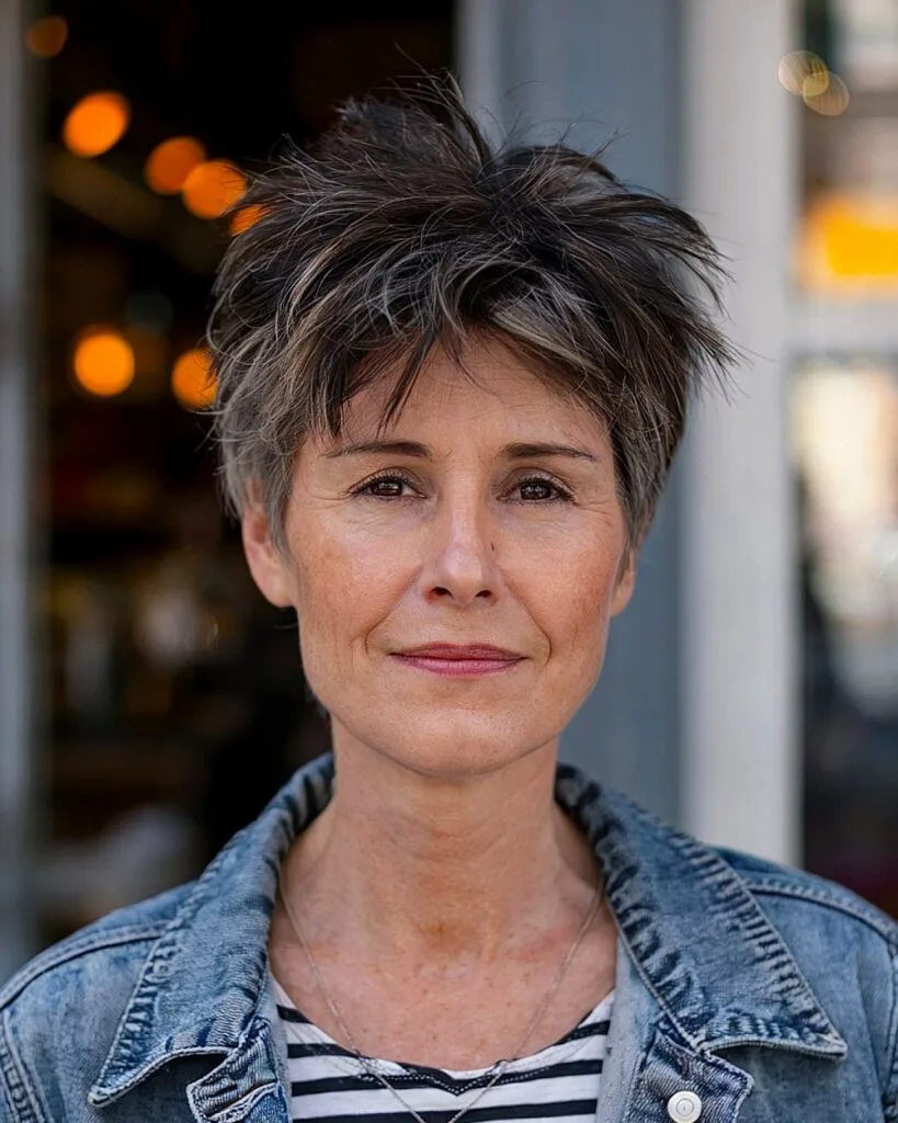 Textured pixie shag for over 50 with dark base and gray-blended highlights