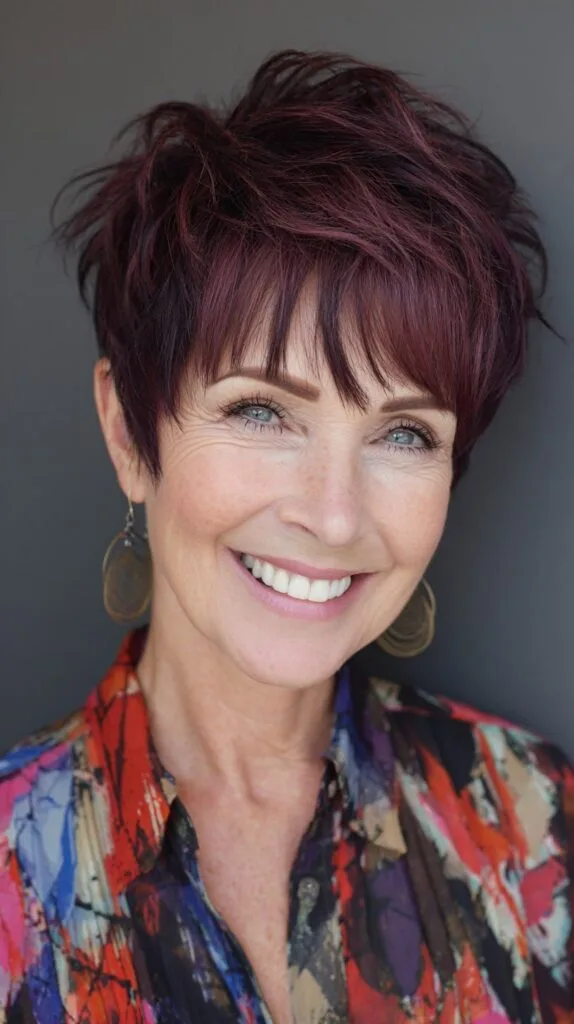 Textured Plum Pixie with Soft Feathered Fringe