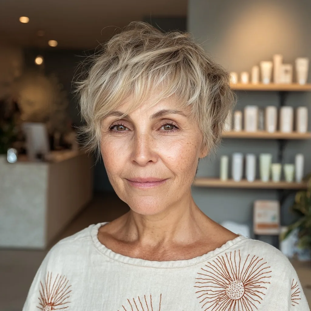 Textured Sandy Blonde Short Pixie Cut with Soft Layers
