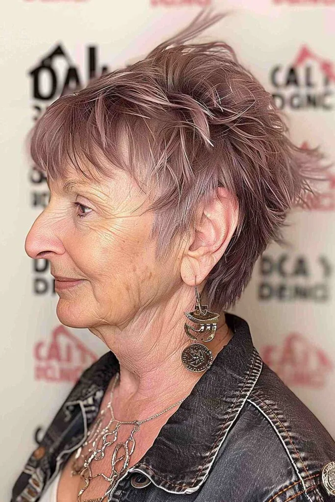 Textured shaggy haircut with natural grey-brown tones for women over 70.