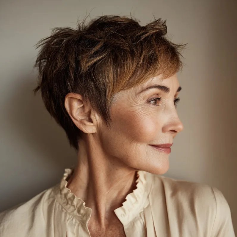 Textured Short Angular Pixie Cut with Subtle Highlights