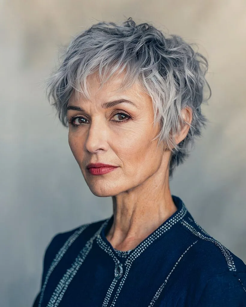 Textured short gray pixie cut for women over 50 with choppy layers and soft fringe