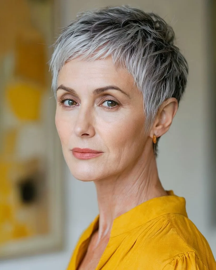 Textured short gray pixie with dark lowlights for women over 50