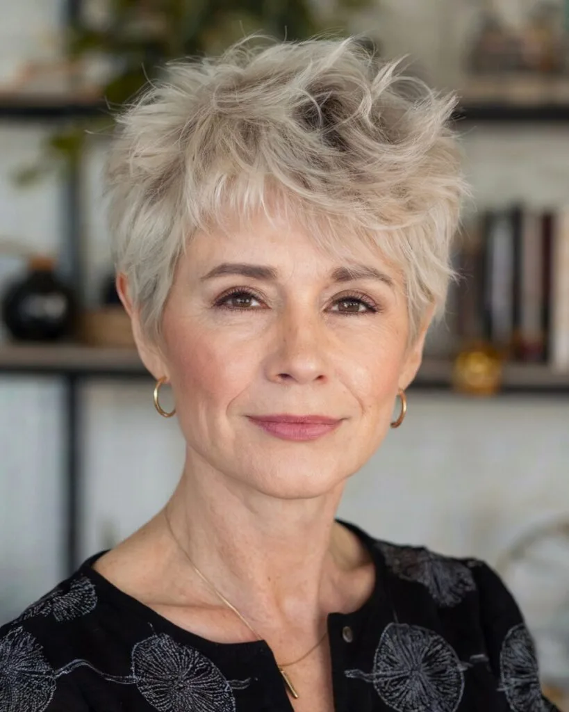 Textured short shag pixie for women over 50 with tousled crown and wispy layers