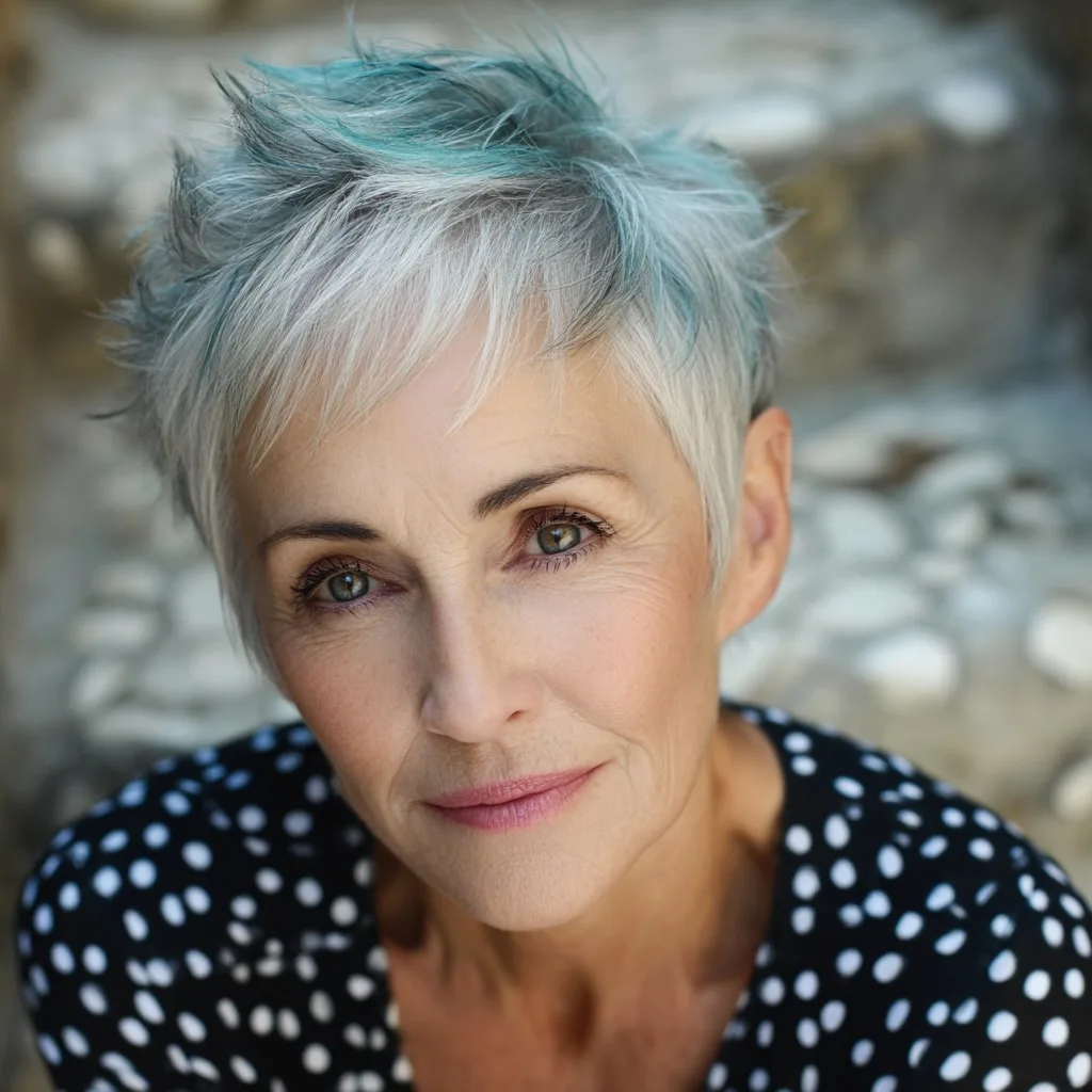 Textured Short Silver Pixie with Teal Accents