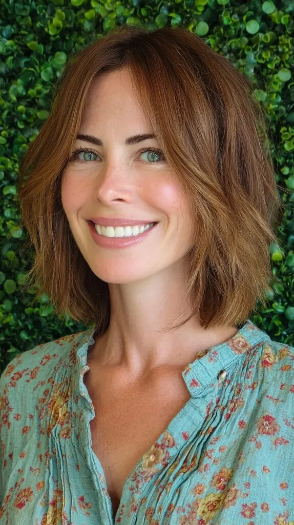 Textured Shoulder-Grazing Lob with Curtain Bangs and Blunt Perimeter