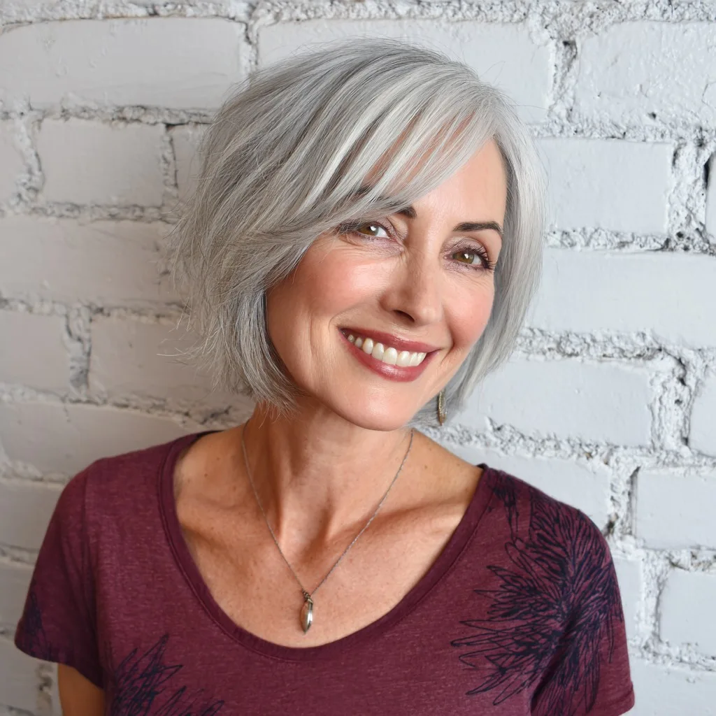 Textured Silver Bob with Subtle Side Bangs