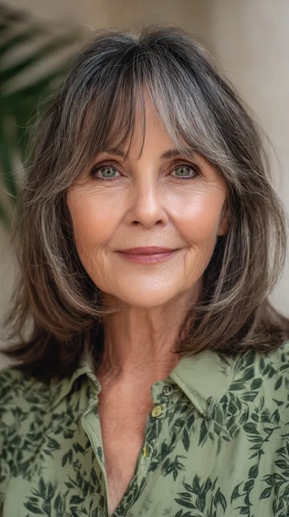 Textured Silver Layers with Curtain Bangs for Medium Hair