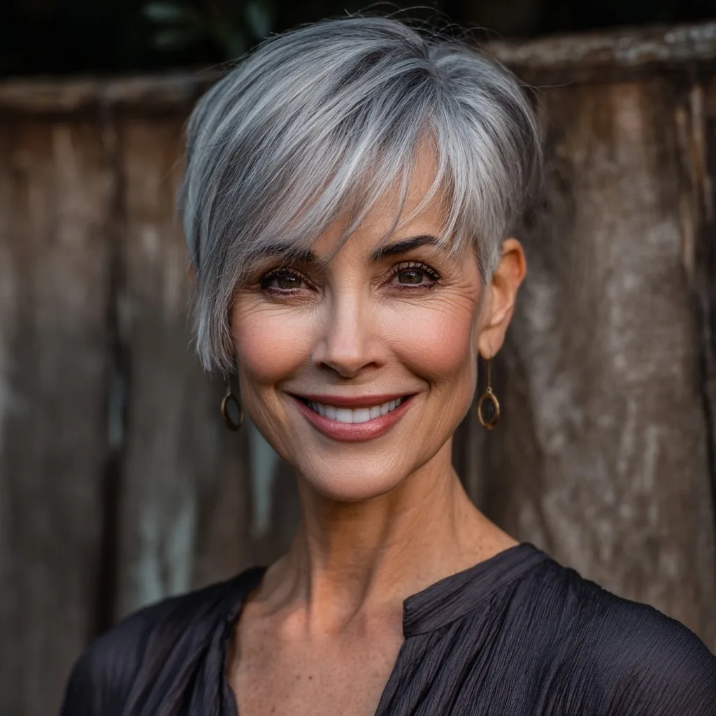Textured Silver Pixie Cut with Long Side Swept Bangs