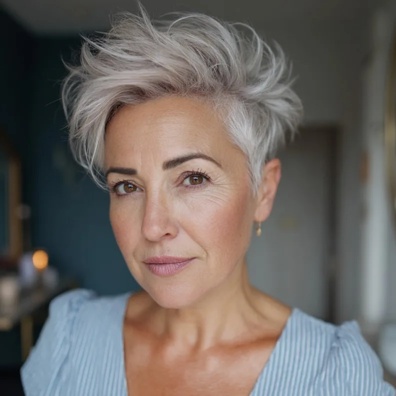 Textured Silver Quiff Pixie Cut with Soft Layers