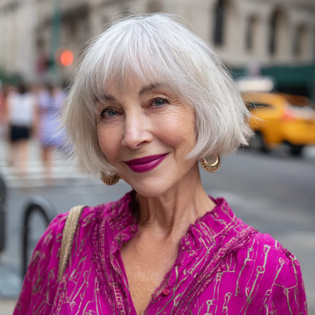 Textured Silver Shaggy Bob with Subtle Bangs