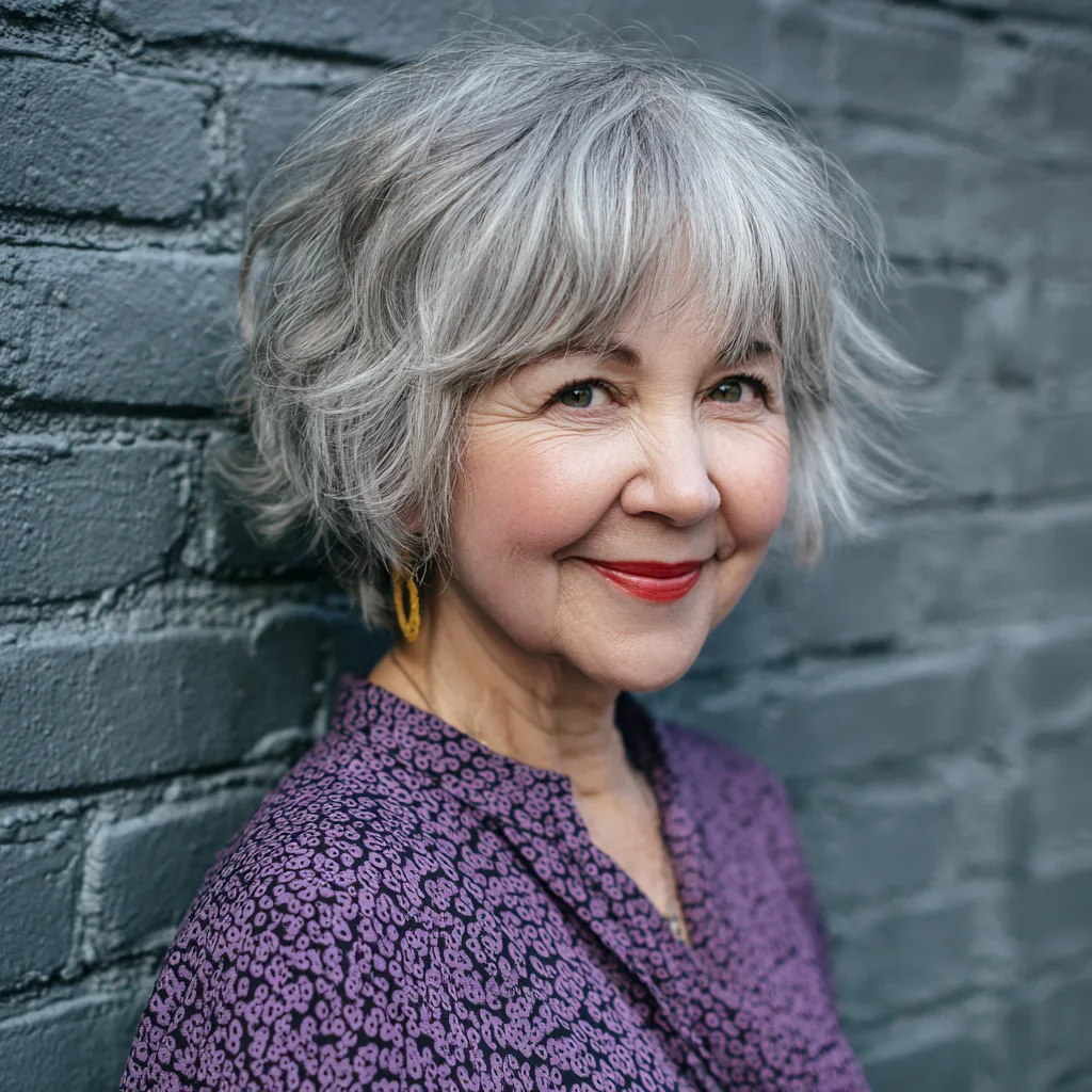 Textured Silver Shaggy Bob with Wispy Bangs