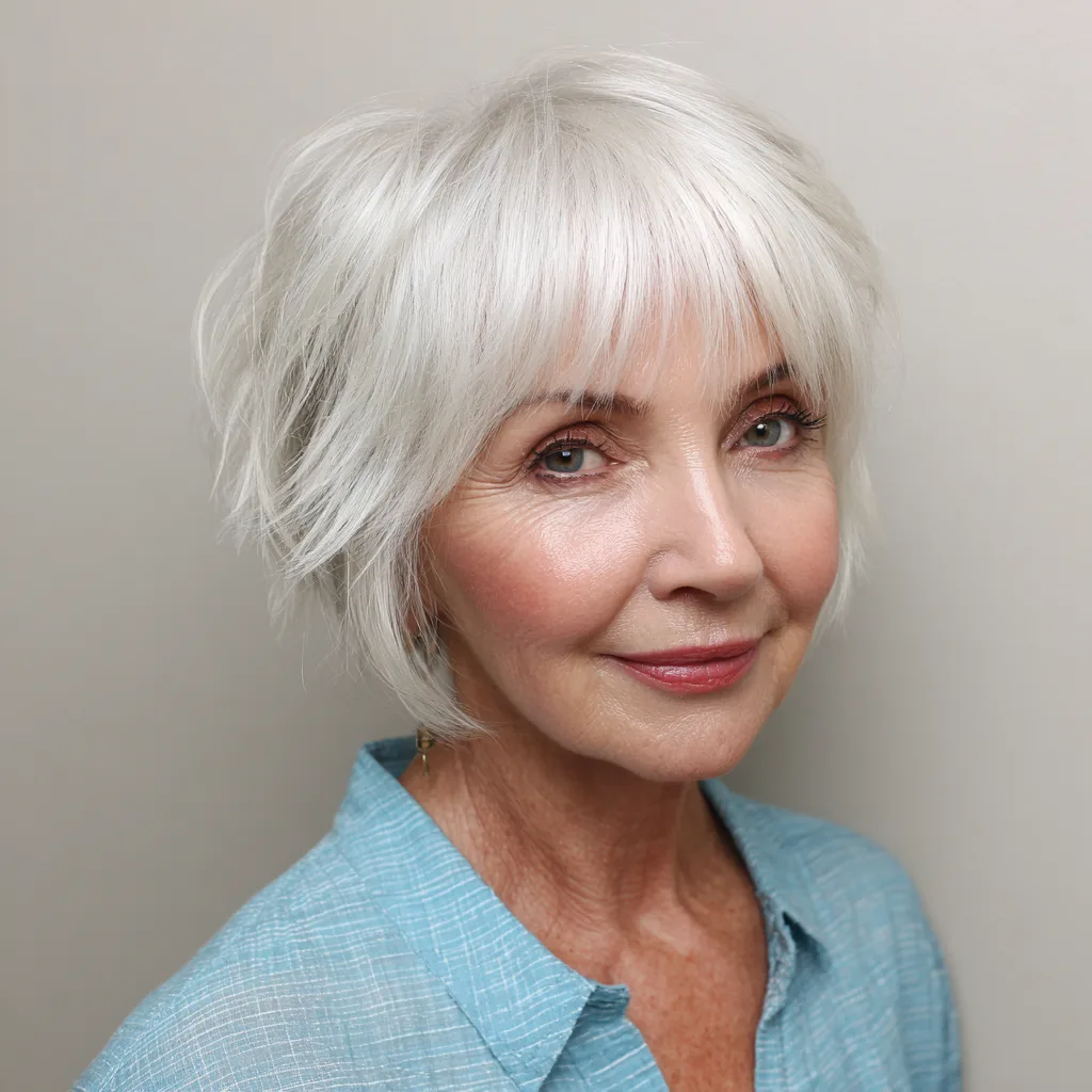 Textured White Shaggy Bob with Soft Bangs