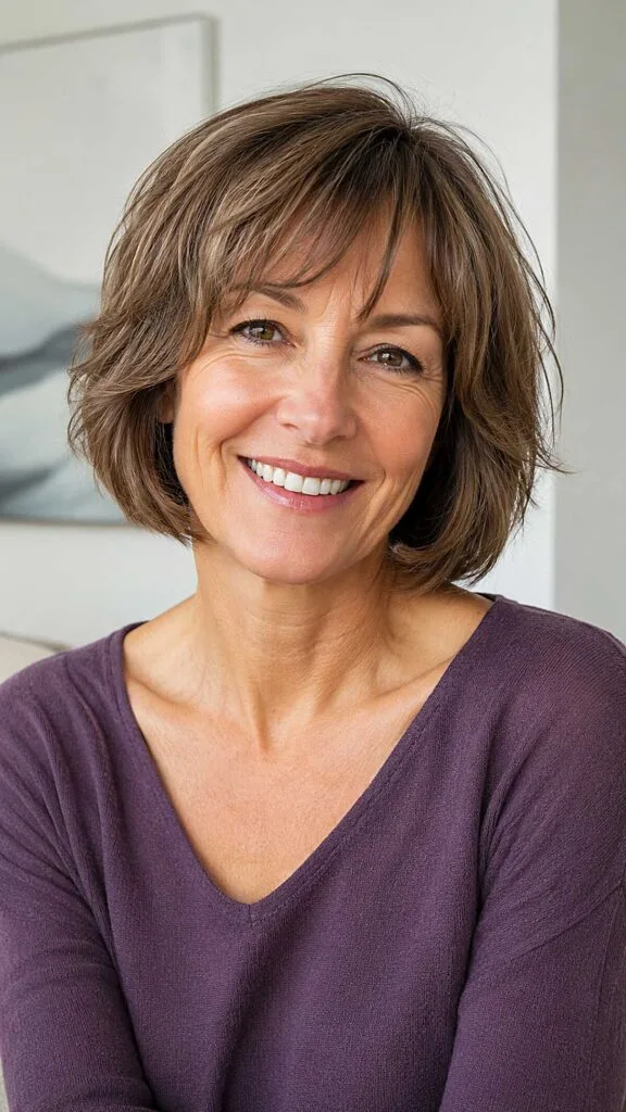 Tousled Ash Brunette Bob with Razored Bangs