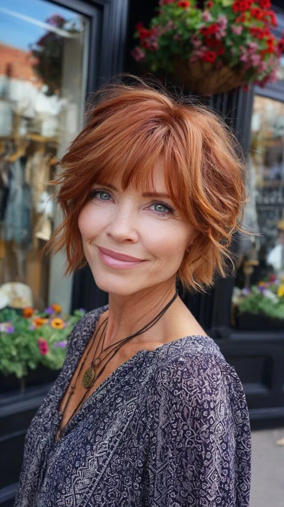 Tousled Copper Layered Short Bob with Face-Softening Fringe