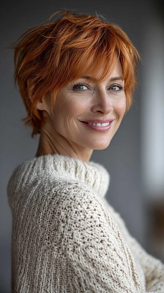 Tousled Copper Shag with Choppy Brow-Skimming Bangs