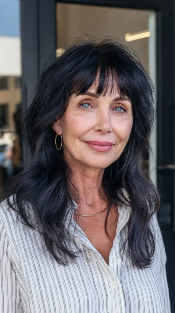 Tousled Mid-Length Shag with Piecey Micro Fringe in Soft Black