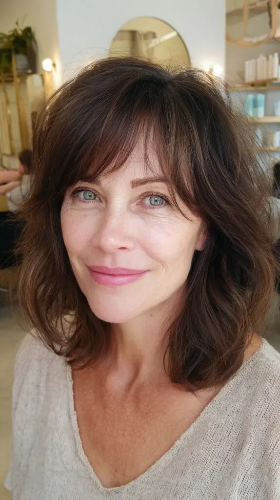 Tousled Shoulder-Length Cut with Soft Brow-Grazing Fringe