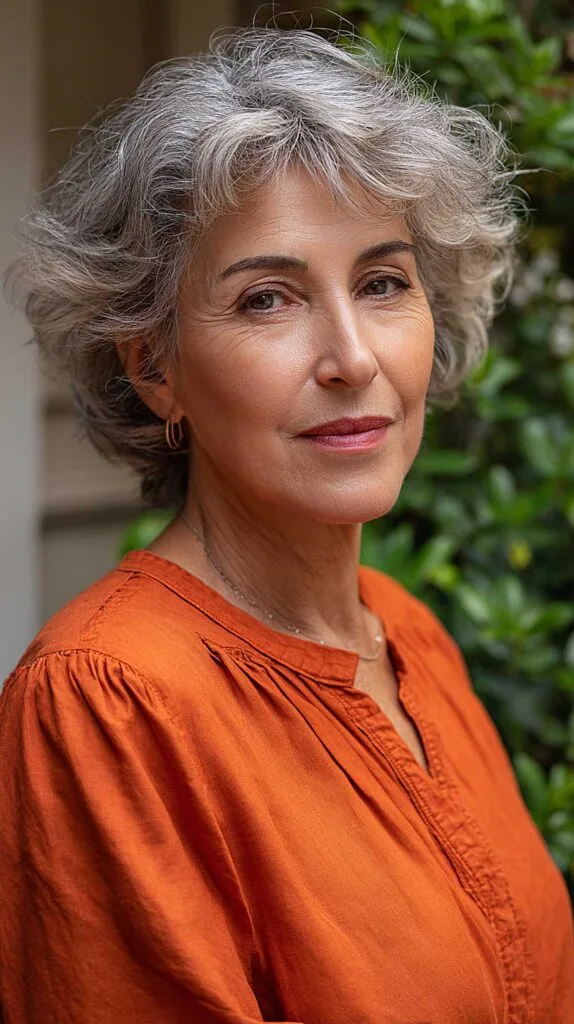 Tousled Silver Curls with Ear-Grazing Volume and Soft Pepper Blend