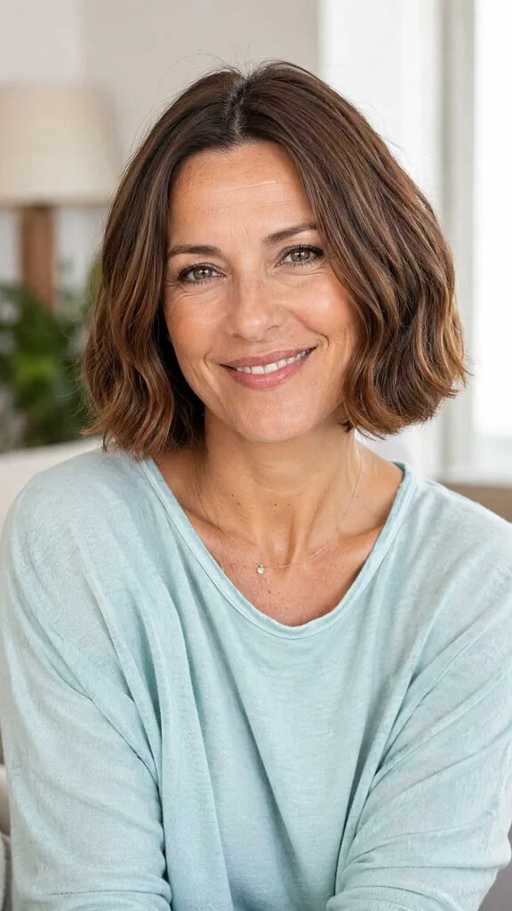 Tousled wavy brunette bob with warm caramel tones