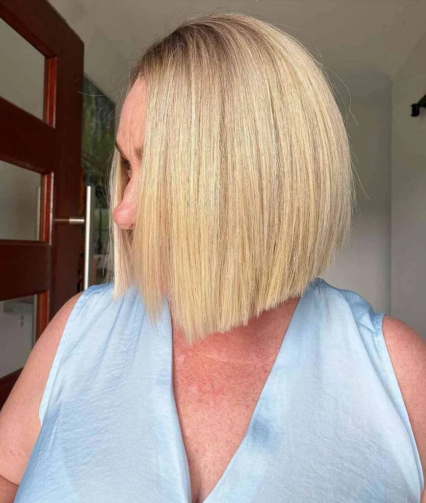 Trendy blunt cut blonde bob style for ladies in their 60s